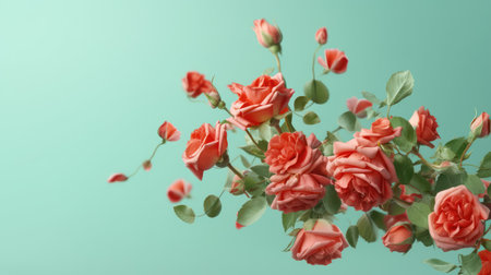 Pastel spring, summer tender background, fresh red roses, petals and leaves. Copy space. Generative AI.の素材