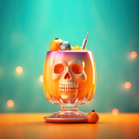 Halloween cocktail in a crystal glass with poison orange drink and skull. Pastel background. Delicious, refreshing refreshment, party drink. Generative AI.の素材