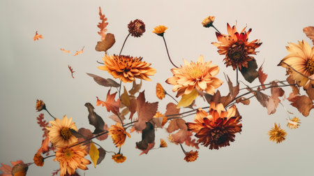 Beautiful autumn flowers and leaves.Brown pastel Chrysanthemum flower. Generative AI.の素材