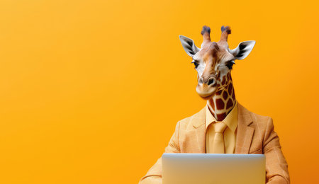 Illustration of giraffe dressed as a businessman using laptop. Copy space. Generative AI.の素材