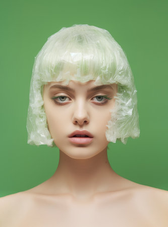 A creative representation of environmental pollution, showcasing a portrait of a beautiful woman with a green plastic bag covering her hair. Generative AI.の素材