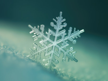 Beautiful snowflake against snowy green background. Generative AI.の素材