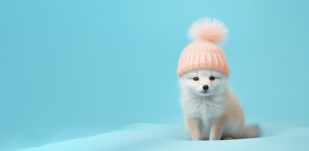 Cute baby polar fox with pastel orange winter cap, sitting in blue snow. Generative AI.の素材