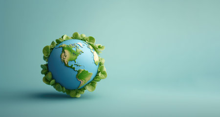 An illustration of planet Earth surrounded by green leaves against a pastel blue background.の素材