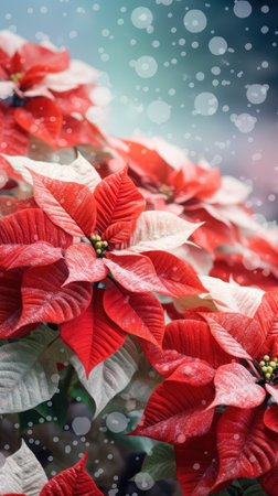Snow falls onto the red poinsettia flowers.の素材