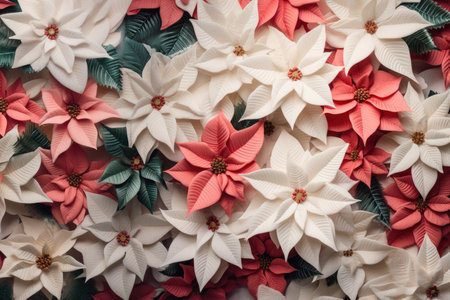 The flowers of a poinsettia in red, white, and green hues.の素材