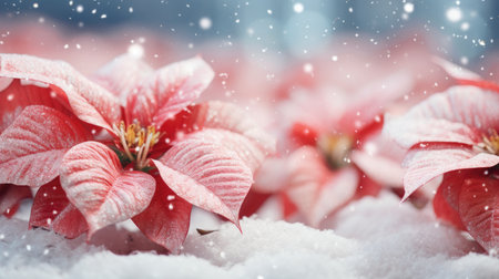 Frozen poinsettia flowers in the snow.の素材