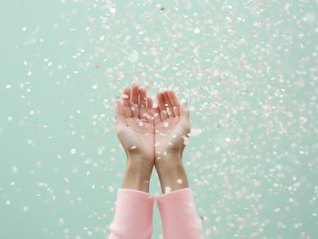 Female hands catching falling confetti against a green background.の素材