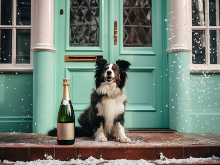 A dog house sits next to a champagne bottle in front of pastel green house doors.の素材