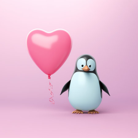 Illustration of a 3d penguin and a pink flying heart shaped balloon against a pastel pink background.の素材