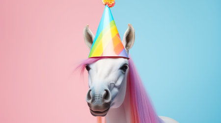 A white horse with a pink mane wearing a birthday hat on its head.の素材