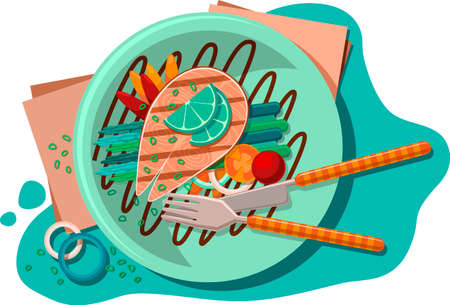 Plate of Healthy Food: Grilled Salmon Served with Lime and Onion and Cutleryのイラスト素材