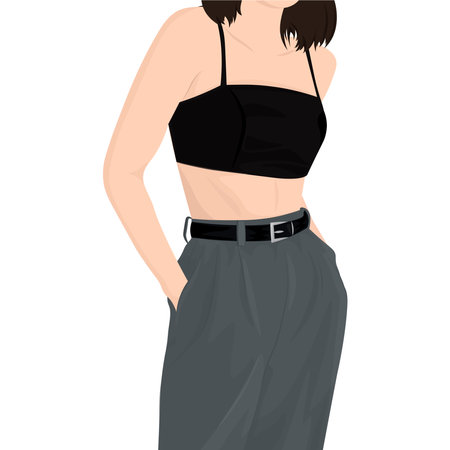 illustration of a stylish girl; fashionable clothes for a brunette girl; portrait of a cute girl; woman in top and pants;のイラスト素材