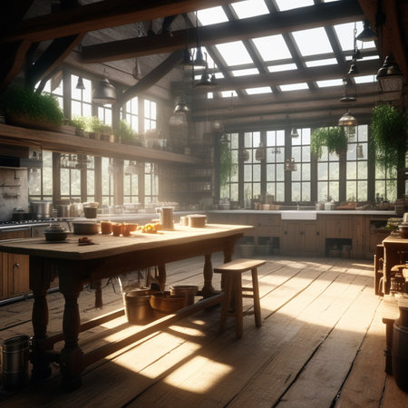 Interior of a loft with wooden furniture, kitchen and dining roomの素材