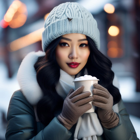 beautiful asian woman in winter hat and scarf holding coffee cupの素材