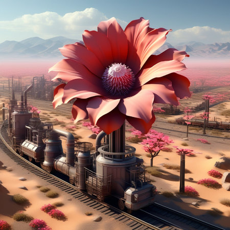 Factory with a flower in the middle of the desert. Conceptual imageの素材