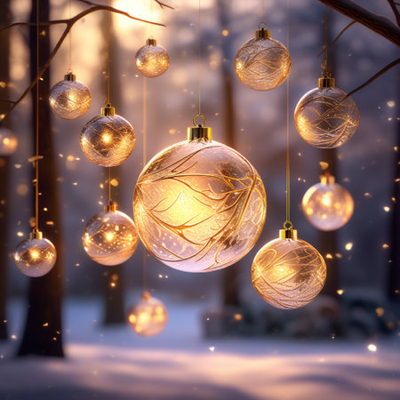 Christmas and New Year background. Christmas balls on the background of the winter forest.の素材