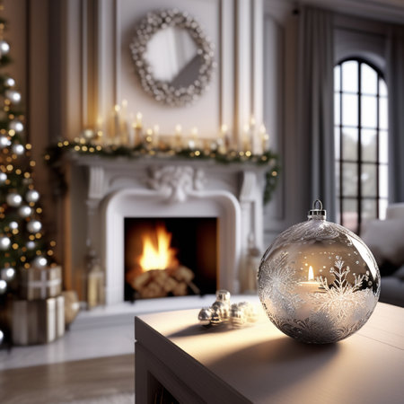 Beautiful Christmas interior with fireplace and Christmas tree. 3d renderingの素材