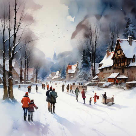 People walking on the street in winter. Winter landscape with snow and treesの素材