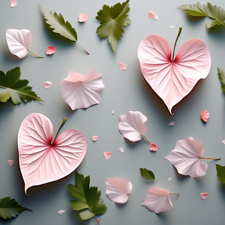 Paper hearts with leaves on a blue background. 3d rendering.の素材