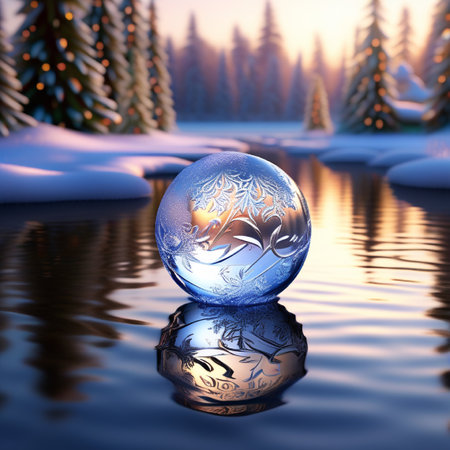 Winter landscape with a glass ball on the water. 3d renderの素材