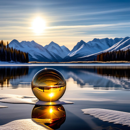 crystal ball on snow and mountains at sunset, reflection in waterの素材