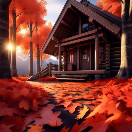 Wooden house in the autumn forest with maple leaves. 3d renderの素材