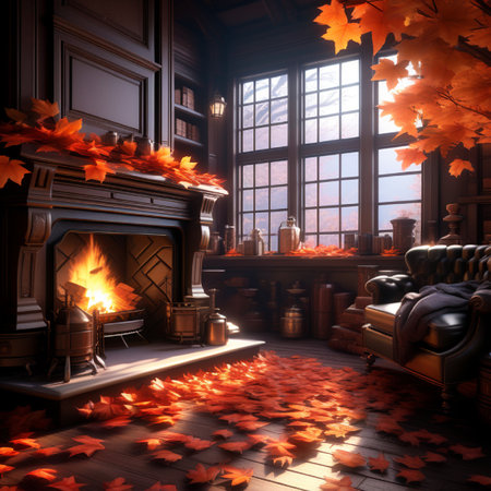Vintage interior with fireplace and autumn leaves. 3D render.の素材