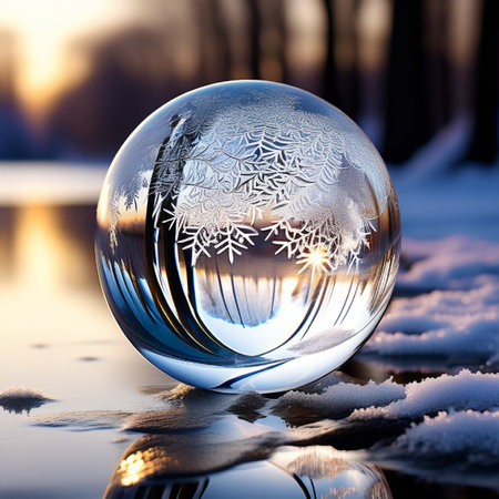 glass ball with snowflakes on the background of the winter forestの素材