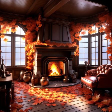 3D render of a living room with a fireplace and autumn leavesの素材
