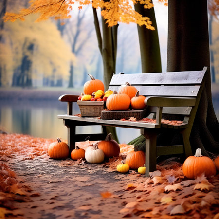 Autumn still life with pumpkins and wooden bench in the parkの素材