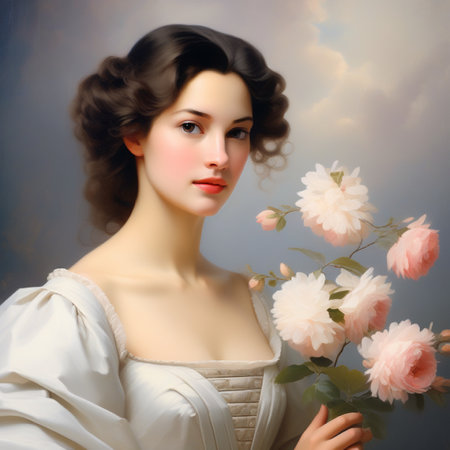 Portrait of a beautiful young woman with flowers in her hair.の素材