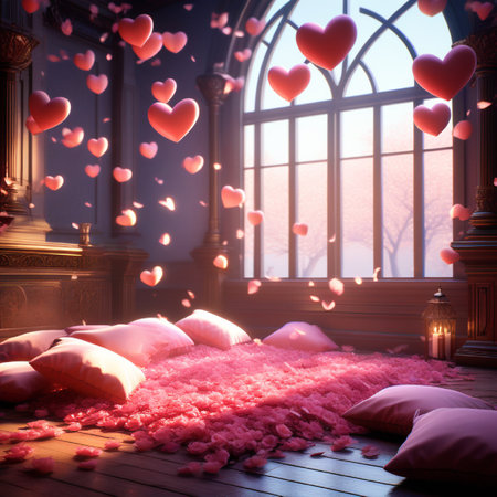 Romantic Bedroom Interior with Hearts. 3D Rendering.の素材
