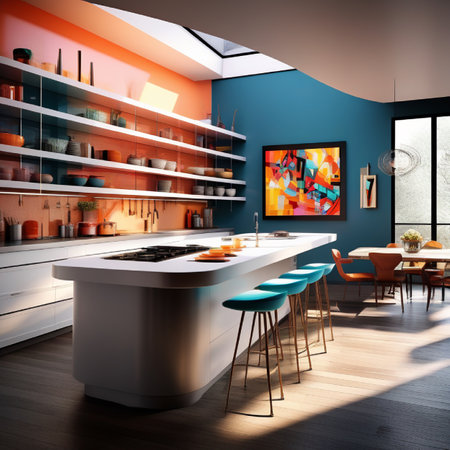 Modern kitchen with blue walls, wooden floor, white countertops and bar with stools. 3d renderingの素材