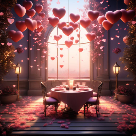 Valentine's Day romantic dinner with heart shaped balloons. 3D renderingの素材