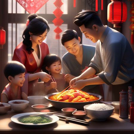 Happy Chinese family, mother, father and children eating noodles in a restaurantの素材