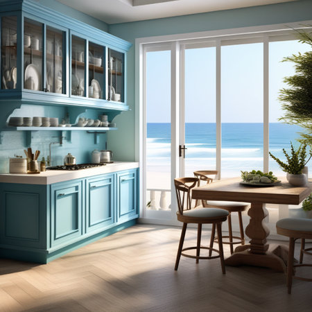 3d Illustration of blue modern kitchen in a house with a beautiful designの素材