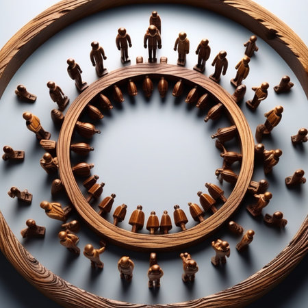 Wooden figures of people in a circle on a gray background.の素材