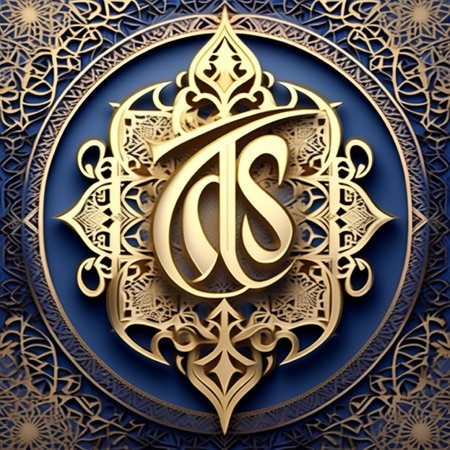 3d illustration of golden arabic ornament on blue background.の素材