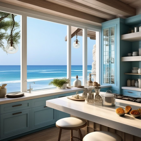 3d render of a modern kitchen in a house with sea viewの素材