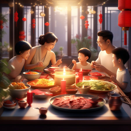 Asian family having a meal in the dining room at home with Chinese New Year decorationの素材