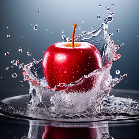 Red apple with water splash on black background. 3d illustration.の素材