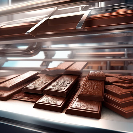 3d rendering of chocolate bars in a conveyor belt in a factoryの素材