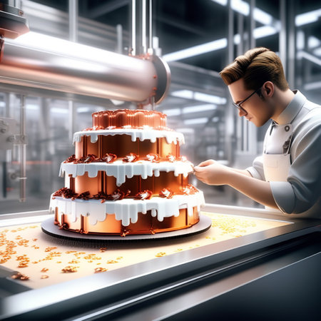 3d rendering of a female scientist making a huge cake in a laboratoryの素材