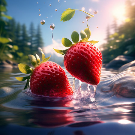 Strawberries falling into water with drops and ripples in sunlightの素材