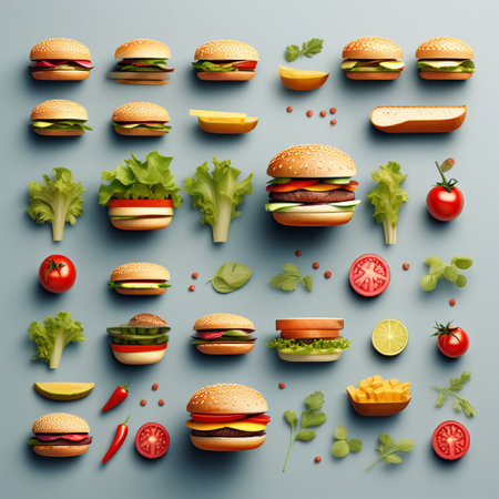 Big set of hamburgers and vegetables on a blue background.の素材