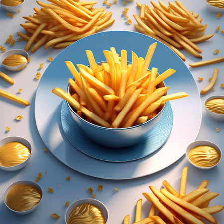 Golden French fries in a blue bowl on a white background. 3d renderingの素材