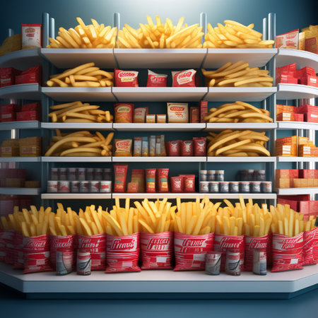 3d rendering of a supermarket shelf full of french fries and cansの素材