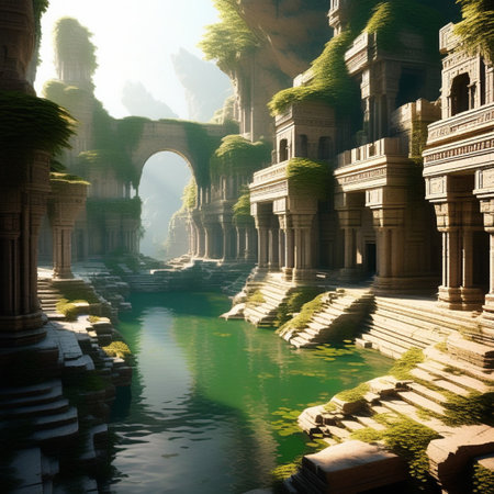 Fantasy landscape with ancient temple and lake. 3D illustration.の素材