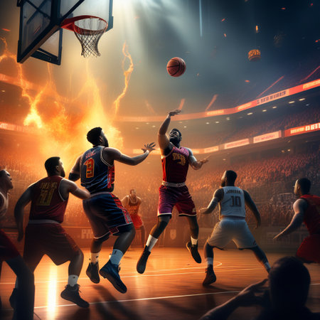 Basketball players in action on a basketball court with lights effects.の素材